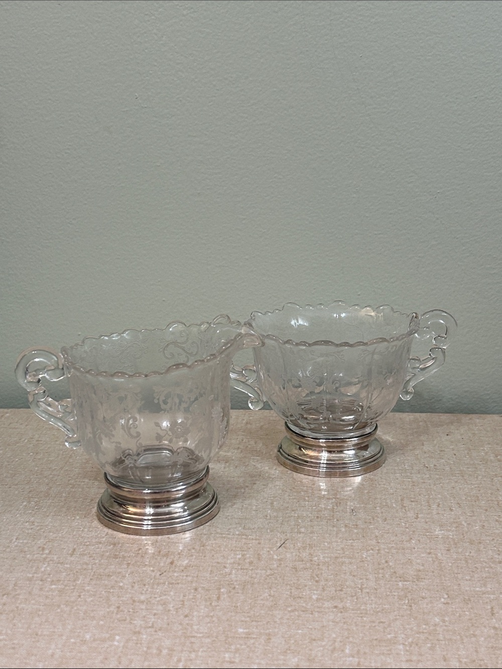 Vintage Cambridge Chantilly Etched Glass Creamer & Sugar Set w/ Sterling Silver